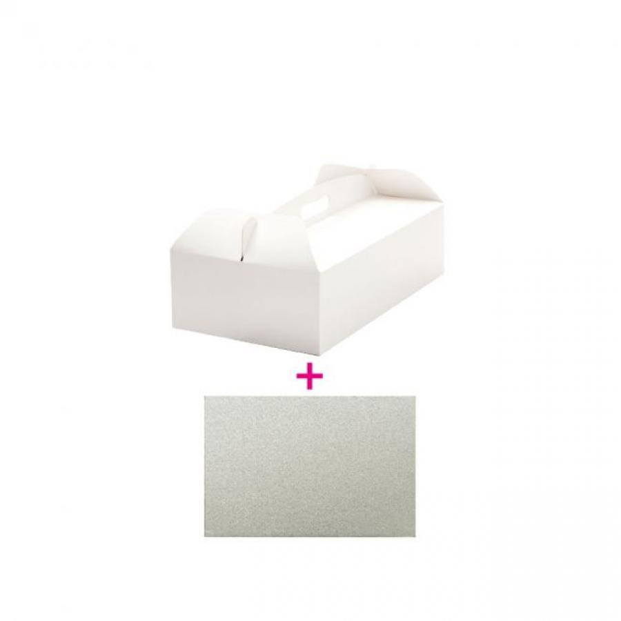 Voileipäkakkulaatikko kantokahvalla ja voileipäkakkualusta hopea 36 X 21 X 3 mm