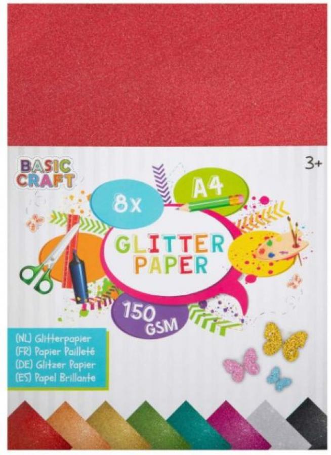 Askartelupaperit glitter värimix A4 150 g, 8 arkkia