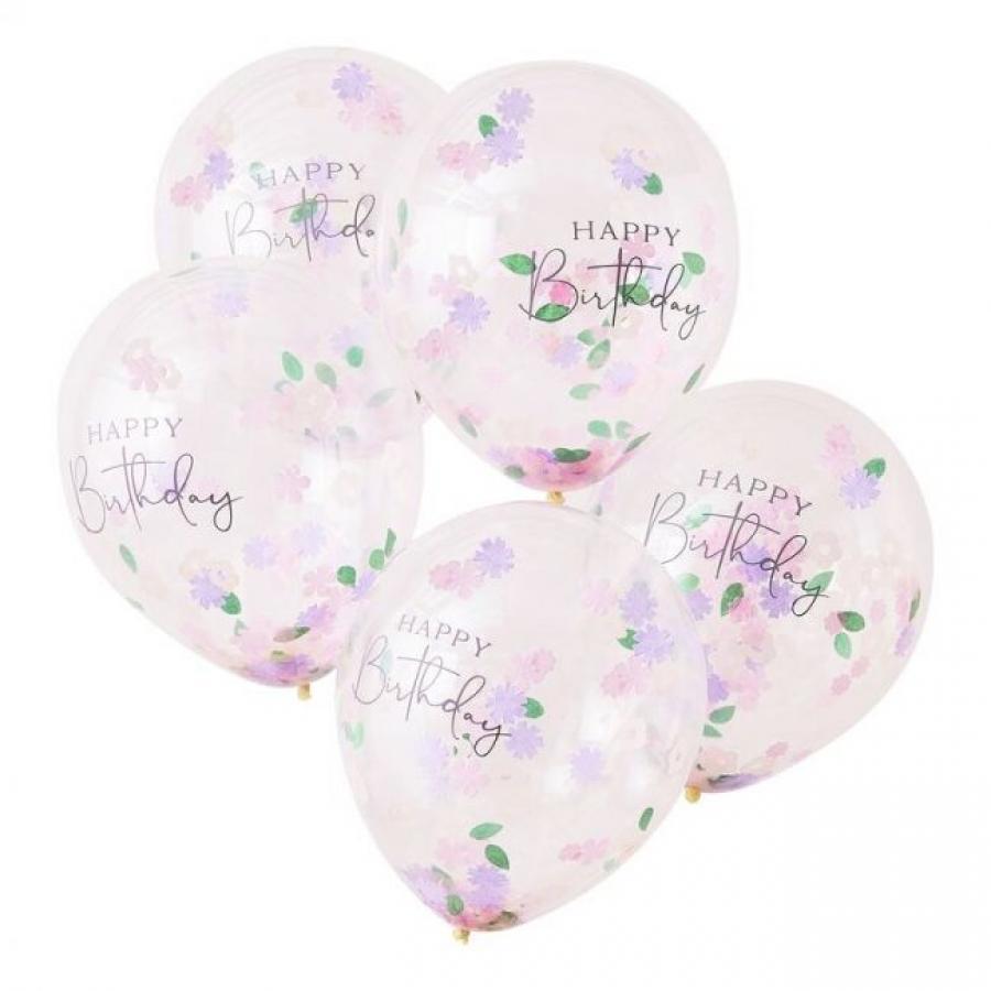 Kirkas ilmapallo "Happy Birthday" kukka- ja lehtikonfeteilla, 5 kpl 