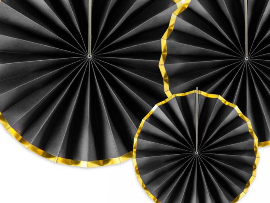 Paperiviuhkat musta kultaisella reunalla 40, 32 cm ja 23 cm, 3 kpl/pkt