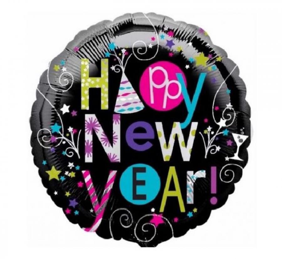 Happy New Year värikäs foliopallo, pyöreä 46 cm
