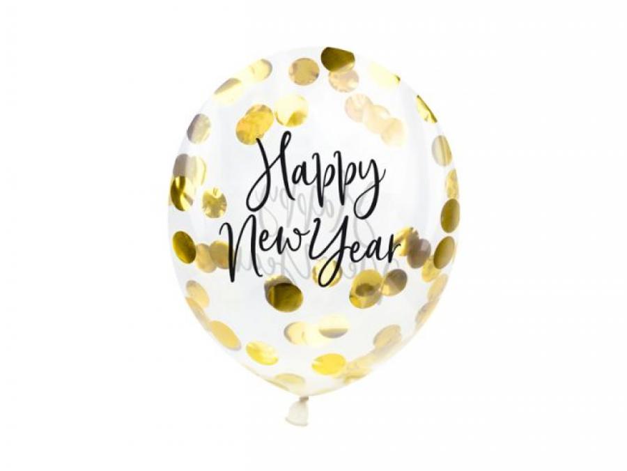 Happy New Year ilmapallot kullanvärisillä konfeteilla, 3 kpl