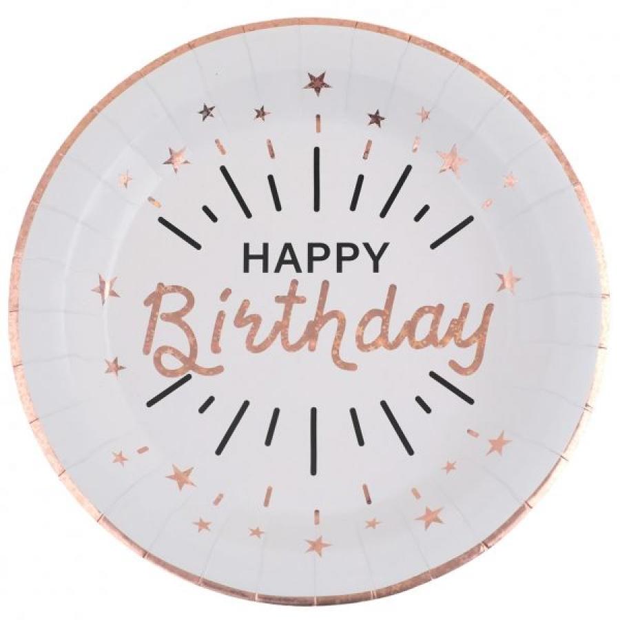 Pahvilautanen ruusukullan ja mustan värinen Happy birthday teksti ja tähtiä, 22,5 cm, 10 kpl