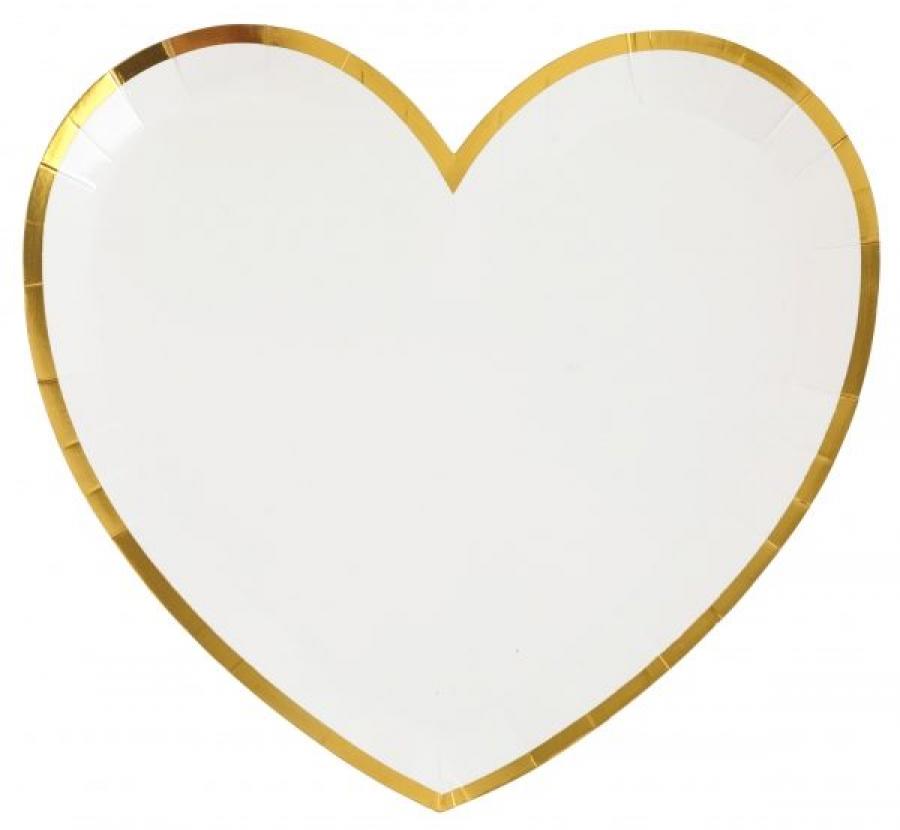Sydänpahvilautanen valkoinen kultafolioreunuksella 22,5 x 20 cm, 10 kpl