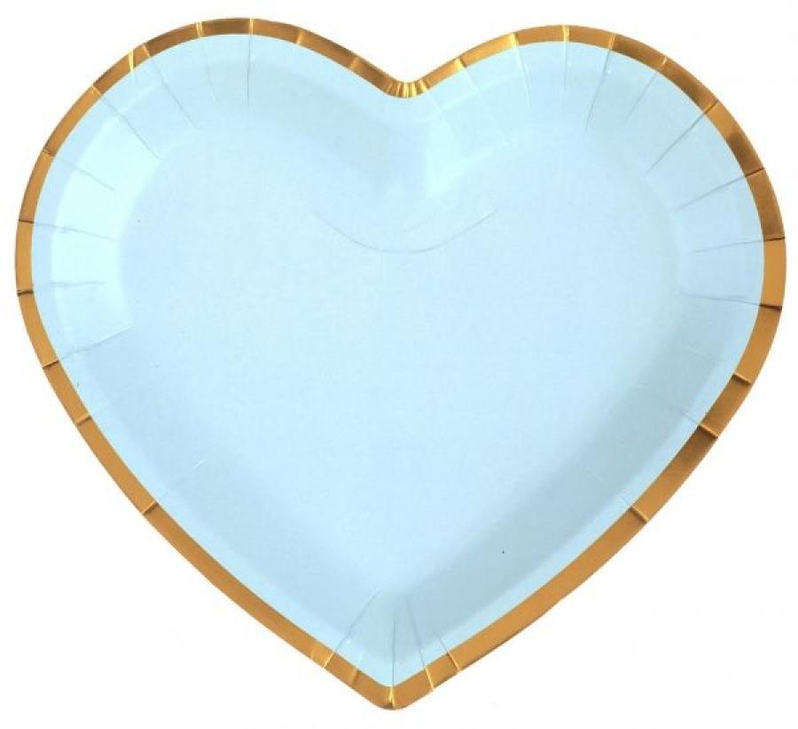 Sydänpahvilautanen vaaleansininen kultafolioreunuksella 22,5 x 20 cm, 10 kpl