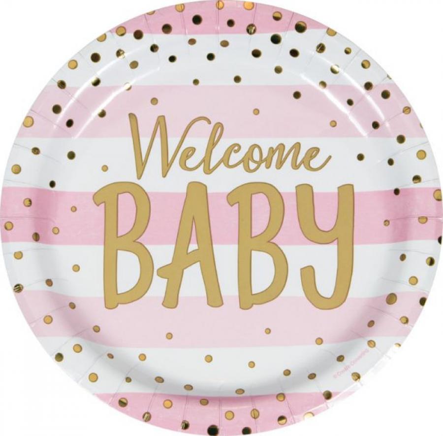 Welcome baby vaaleanpuna-valkoinen kultafoliopilkuilla pahvilautaset 23 cm, 8 kpl