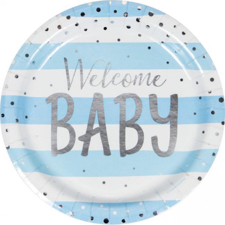 Welcome baby vaaleansini-valkoinen hopeafoliopilkuilla pahvilautaset 23 cm, 8 kpl
