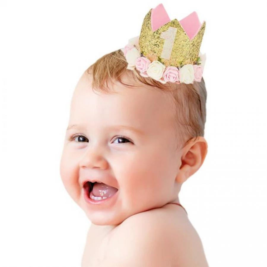 1-vuotias kruunu valko-vaaleanpunaisilla kukilla kultainen glitter