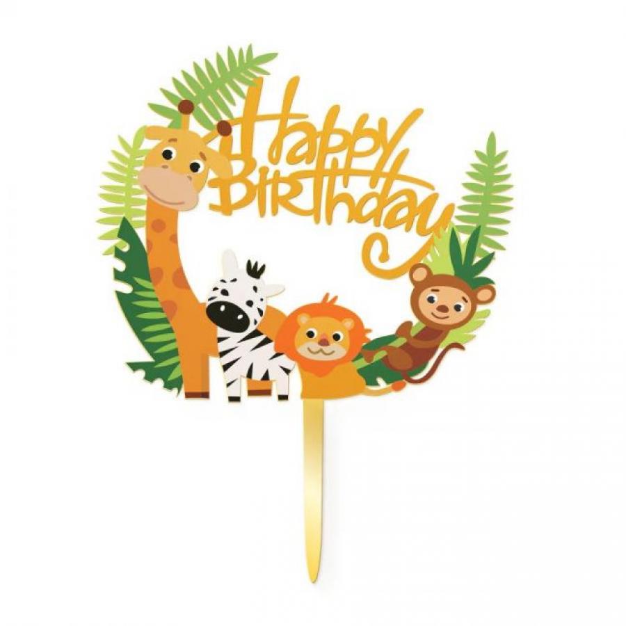 Viidakon eläimet kakunkoriste "Happy birthday"