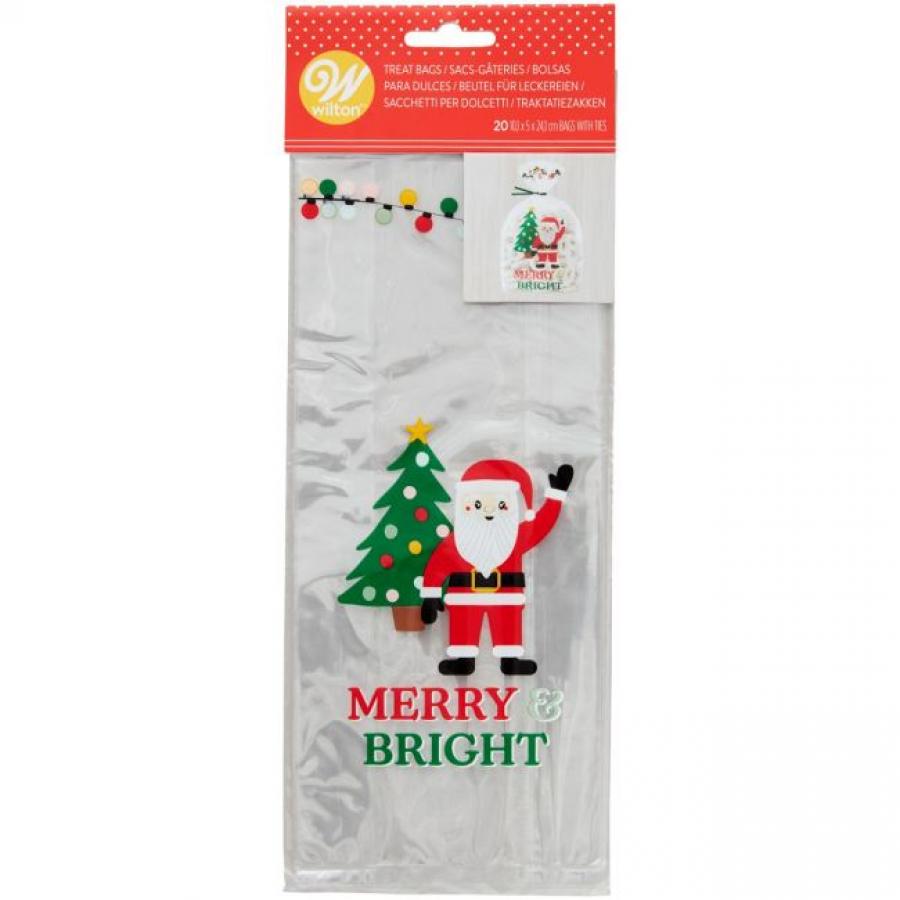 Jouluiset herkkupussit joulupukki ja teksti MERRY & BRIGHT, 20 kpl