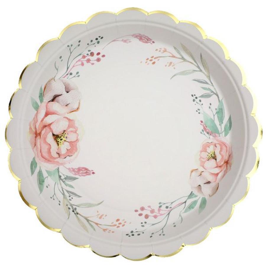 Valkoinen pahvilautanen kukkakuvioilla 23 cm, 10 kpl