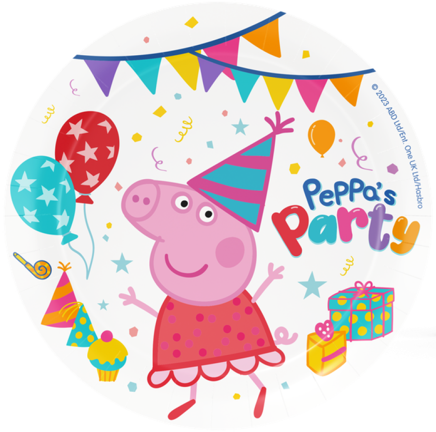 Pipsa Possu pahvilautaset "Peppa's party" 23 cm, 8 kpl
