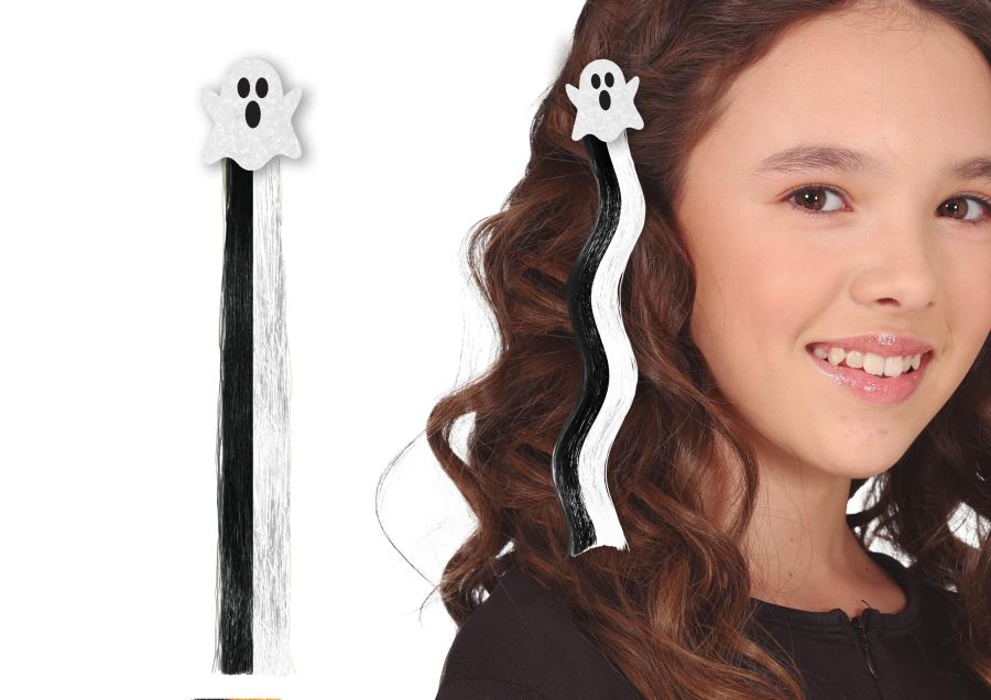 Halloween-hiuslisäke kummitus 40 cm – valkoinen/musta