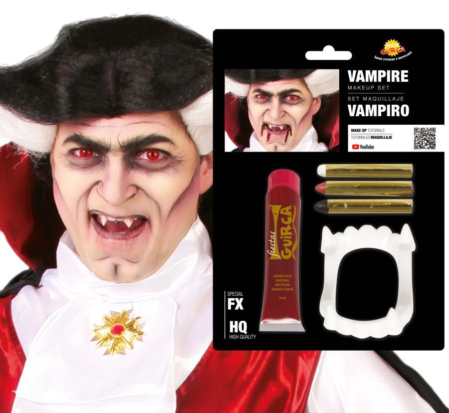 Vampyyri kasvovärisetti tekoverellä ja vampyyrin hampailla