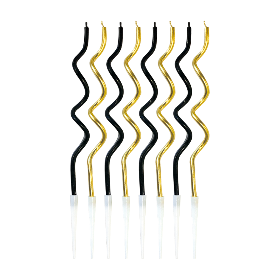 Kakkukynttilät spiraali kulta ja musta, 8 kpl