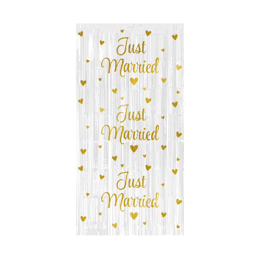 Oviverho / taustaverho "Just Married" valkoinen 200 x 100 cm