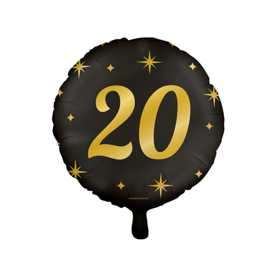 Foliopallo "20" musta kultaisilla tähdillä 46 cm
