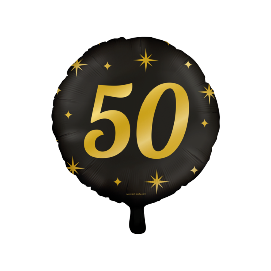Foliopallo "50" musta kultaisilla tähdillä 46 cm