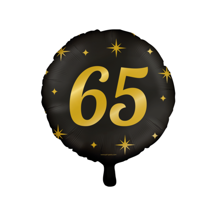 Foliopallo "65" musta kultaisilla tähdillä 46 cm