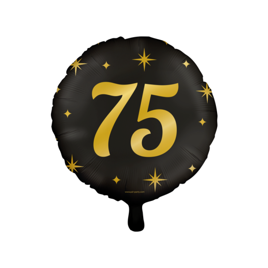 Foliopallo "75" musta kultaisilla tähdillä 46 cm
