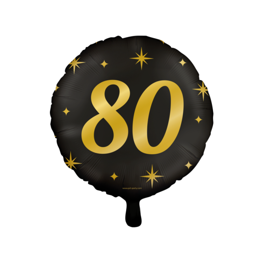 Foliopallo "80" musta kultaisilla tähdillä 46 cm