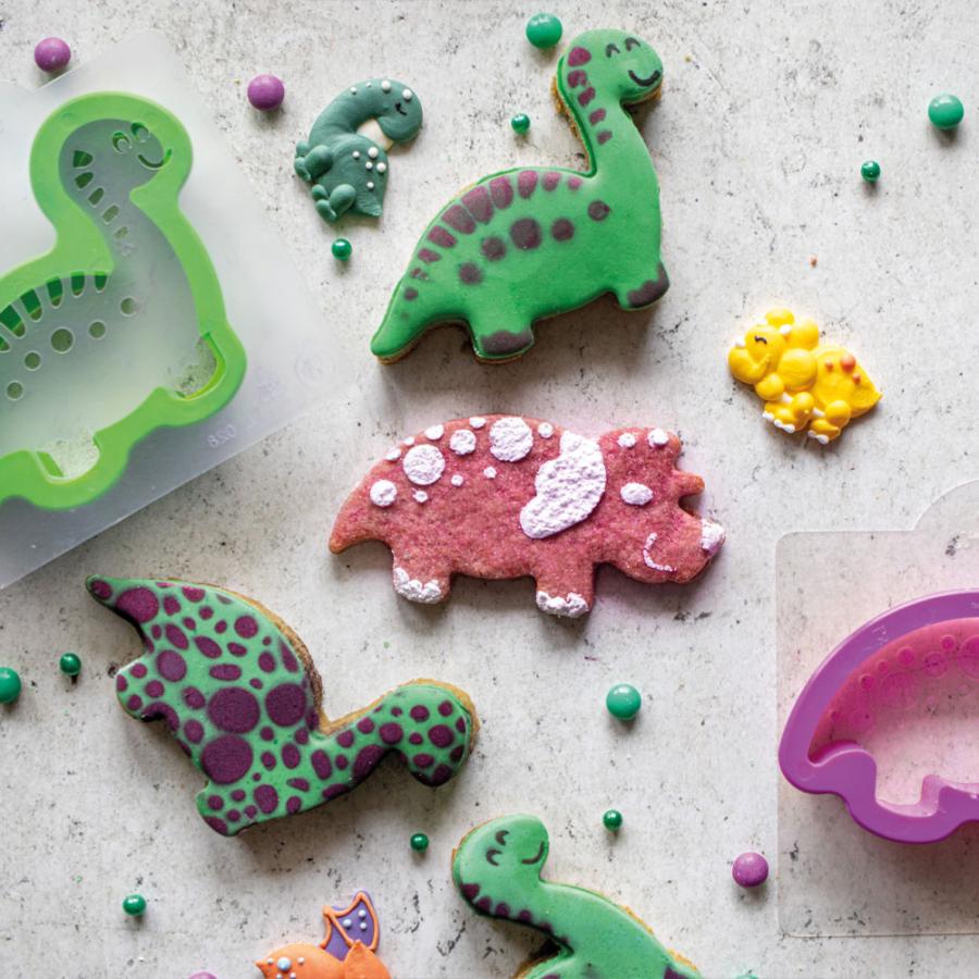 Pikkuleipämuottisetti Dinosaurus (2 eri muottia sekä 4 sabluunaa kuvioiden tekemiseen)