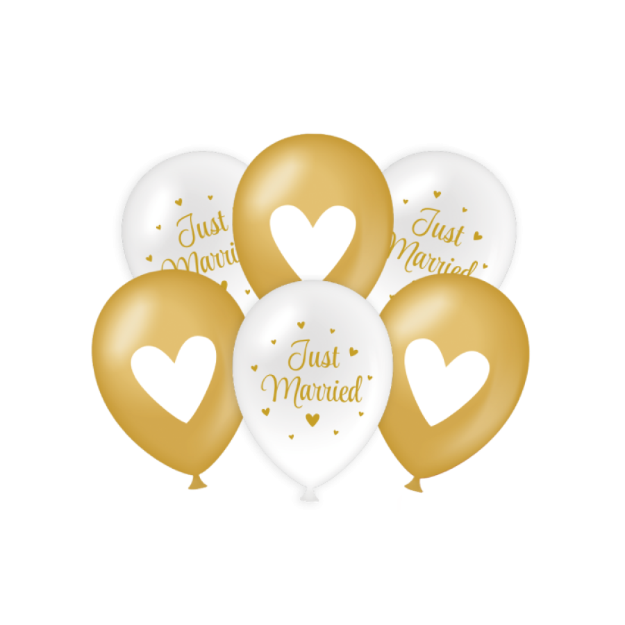 Ilmapallot "Just married" kulta + valkoinen, 6 kpl