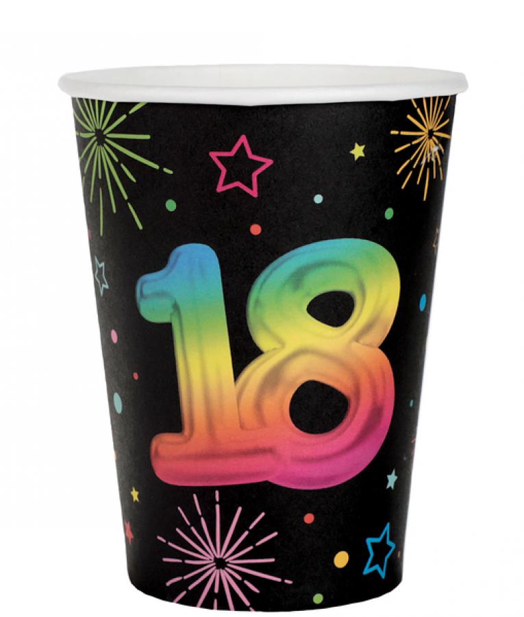 Pahvimuki musta sateenkaarenvärisellä numerolla "18", 6 kpl