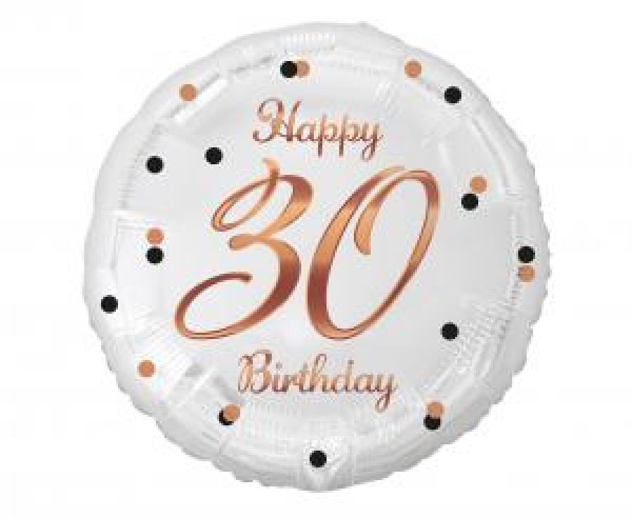 Foliopallo Happy 30 birthday valkoinen ruusukultapainatuksella 45 cm