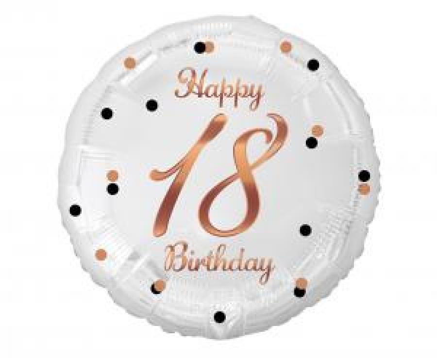 Foliopallo Happy 18 birthday valkoinen ruusukultapainatuksella 45 cm
