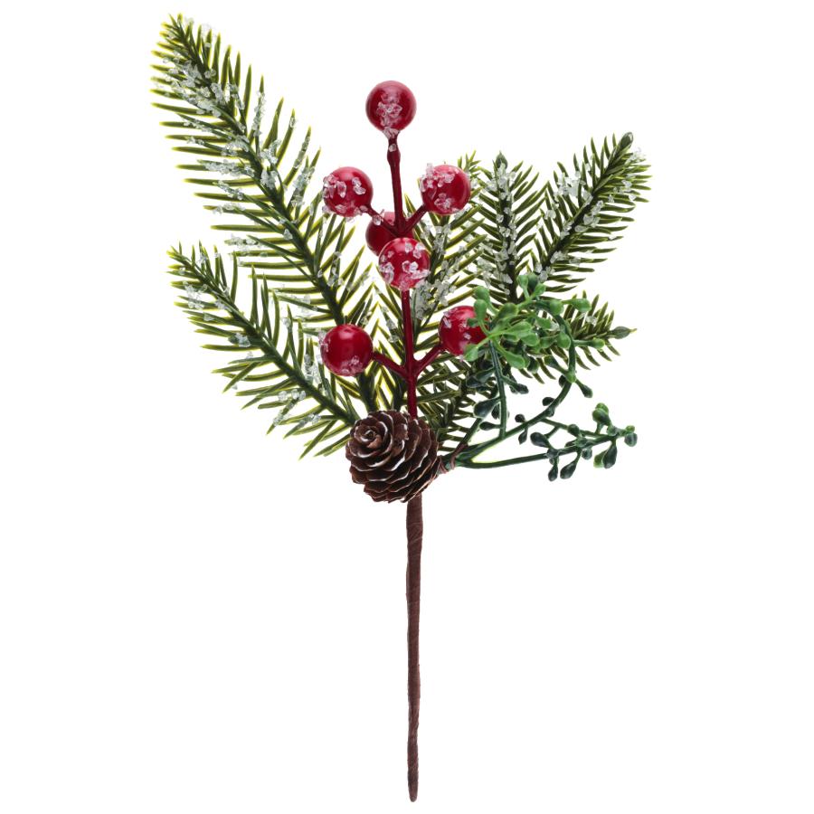 Talvinen koristeoksa havuilla, punaisilla marjoilla ja kävyllä