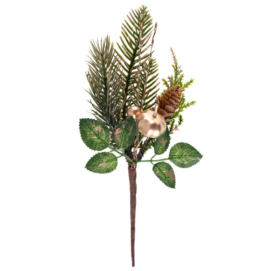 Koristeoksa havuilla, kävyllä ja kullanvärisillä somisteilla