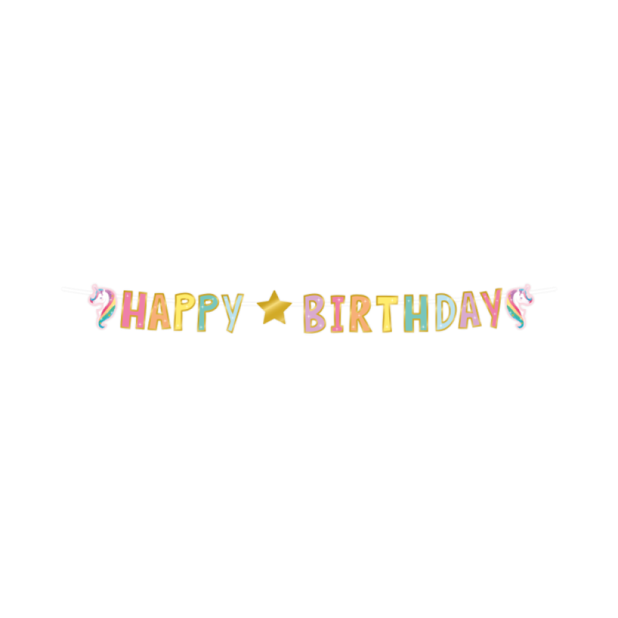 Yksisarvinen "Happy birthday" banneri, 3 m