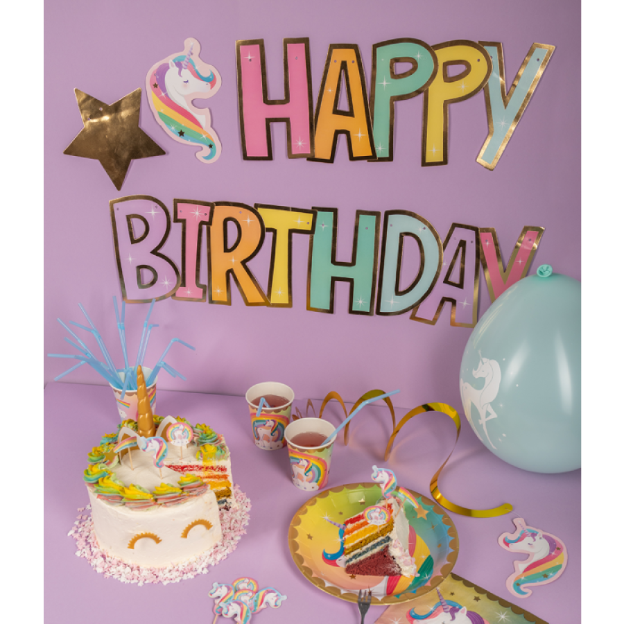 Yksisarvinen "Happy birthday" banneri, 3 m
