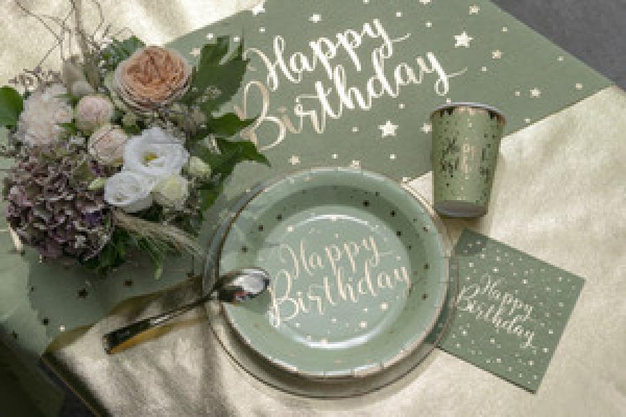 Happy Birthday kultafolio oliivinvihreät lautasliinat, 20 kpl