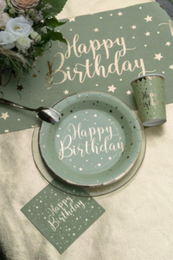 Happy Birthday kultafolio oliivinvihreät lautasliinat, 20 kpl