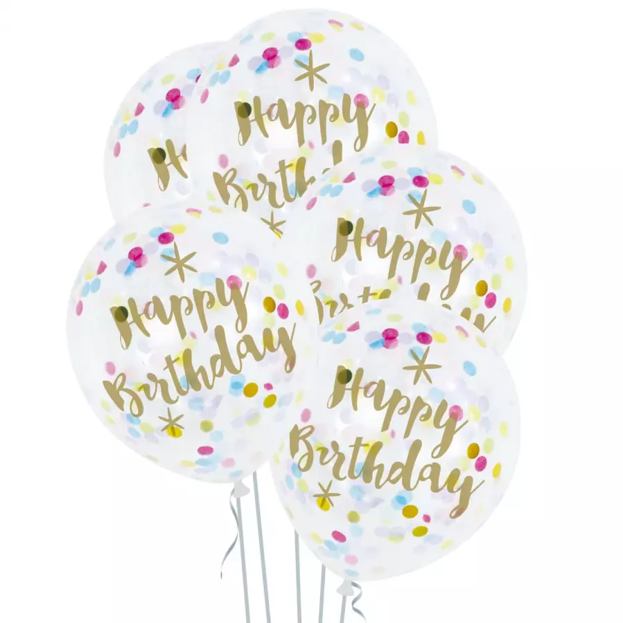 Happy Birthday ilmapallot kirkkaat värikkäillä konfeteilla, 3 kpl