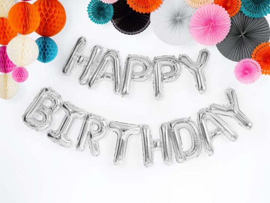Hopeanvärinen Happy Birthday ilmapallobanneri