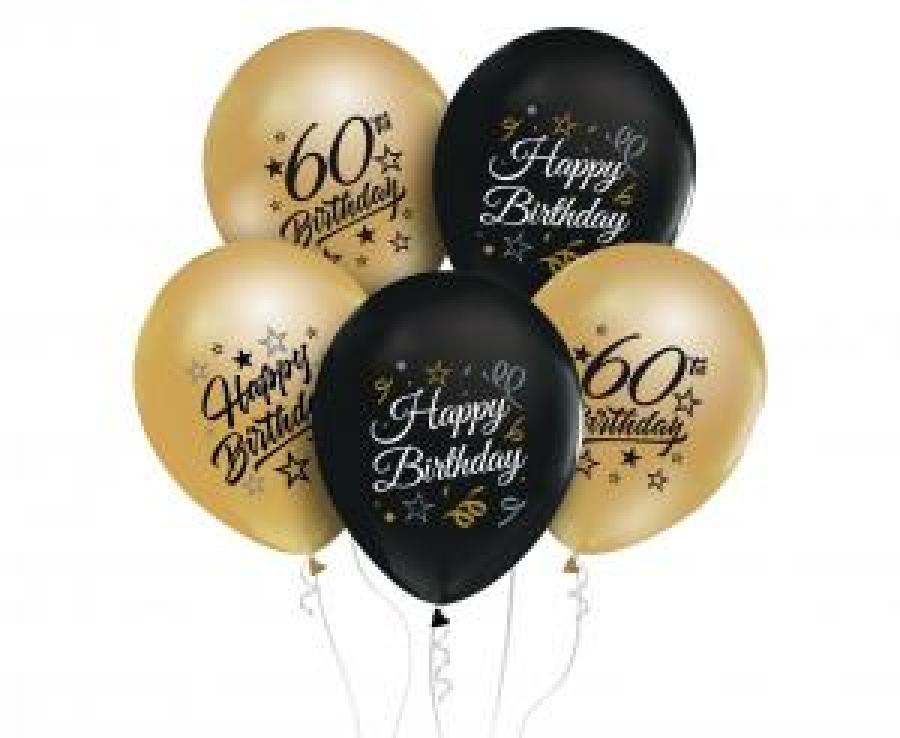 Ilmapallot "60th birthday" musta+kulta, 5 kpl