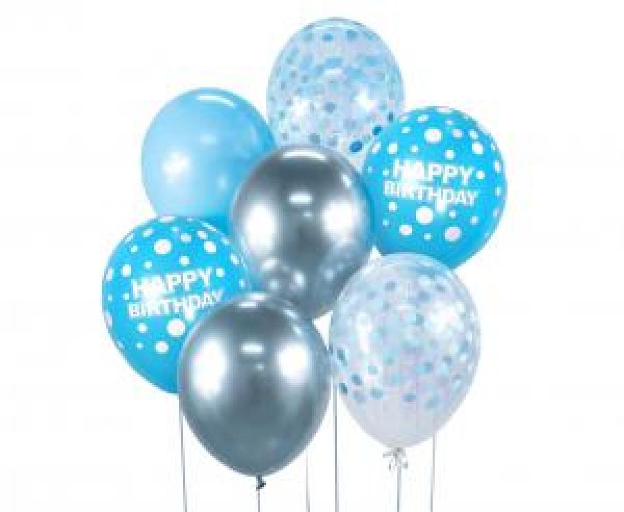 Ilmapallot "Happy birthday" sininen + hopea, 7 kpl