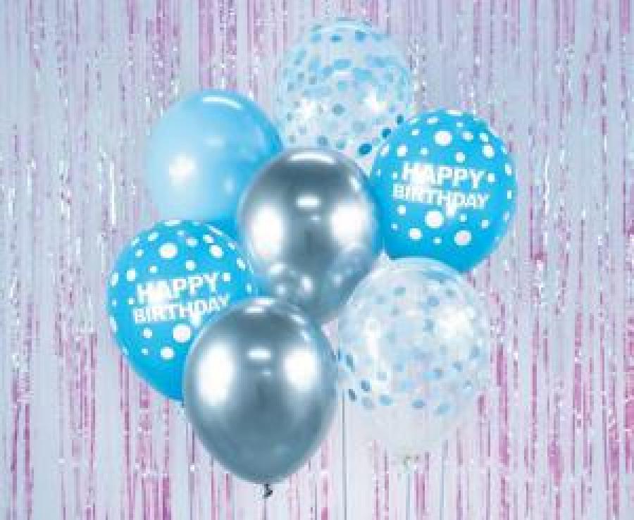 Ilmapallot "Happy birthday" sininen + hopea, 7 kpl