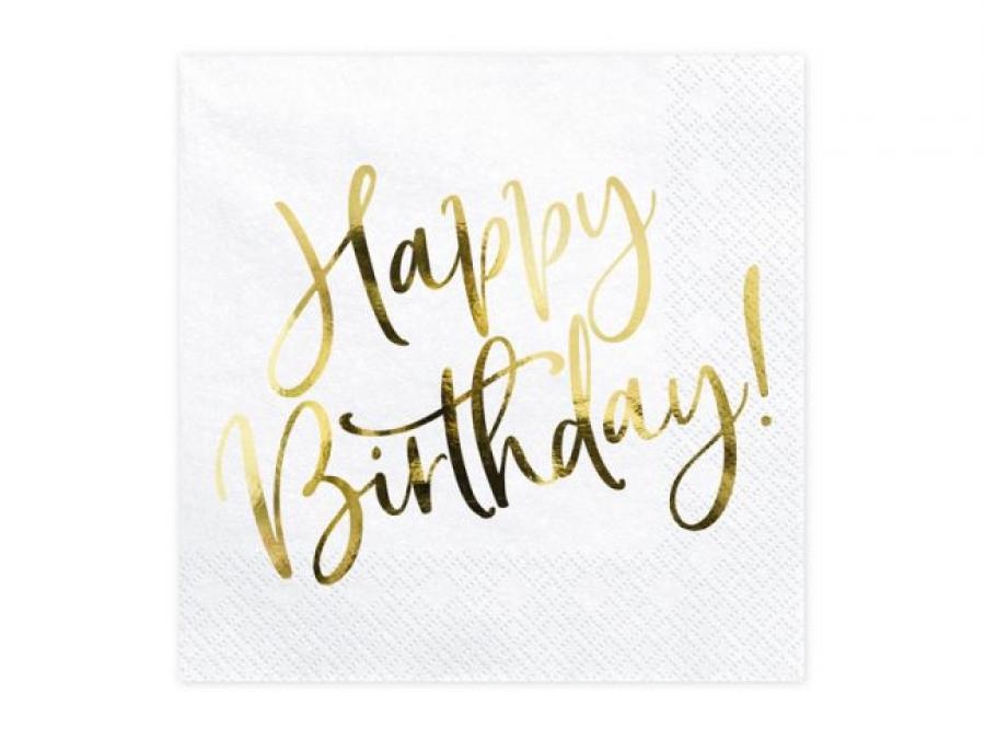 Iso valkoinen lautasliina "Happy Birthday!" kultafoliotekstillä, 20 kpl