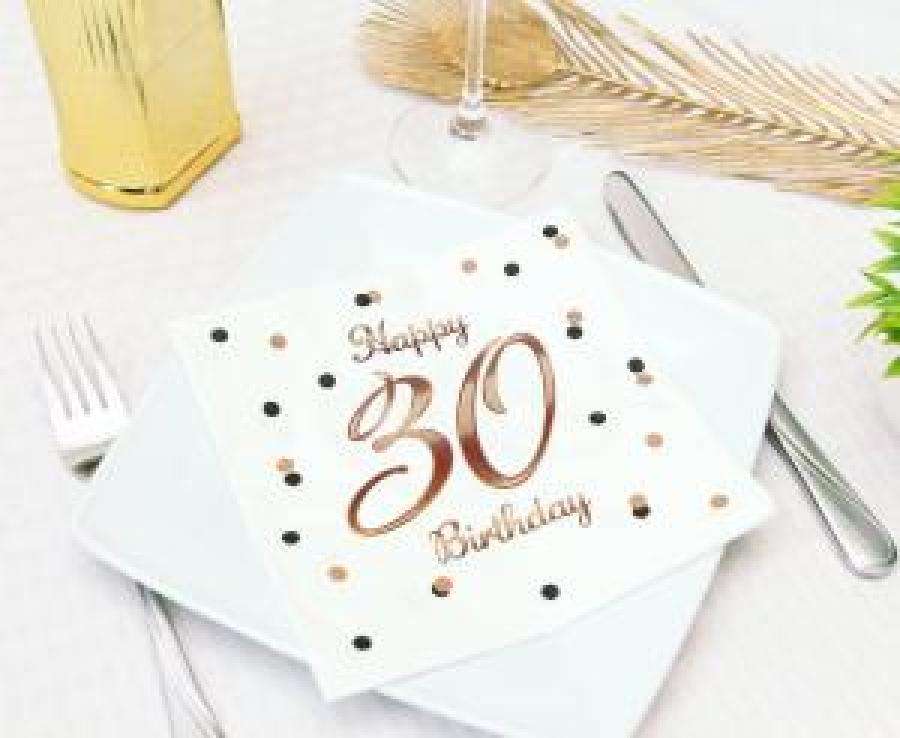 Iso valkoinen lautasliina "Happy 30 Birthday" ruusukultatekstillä, 20 kpl