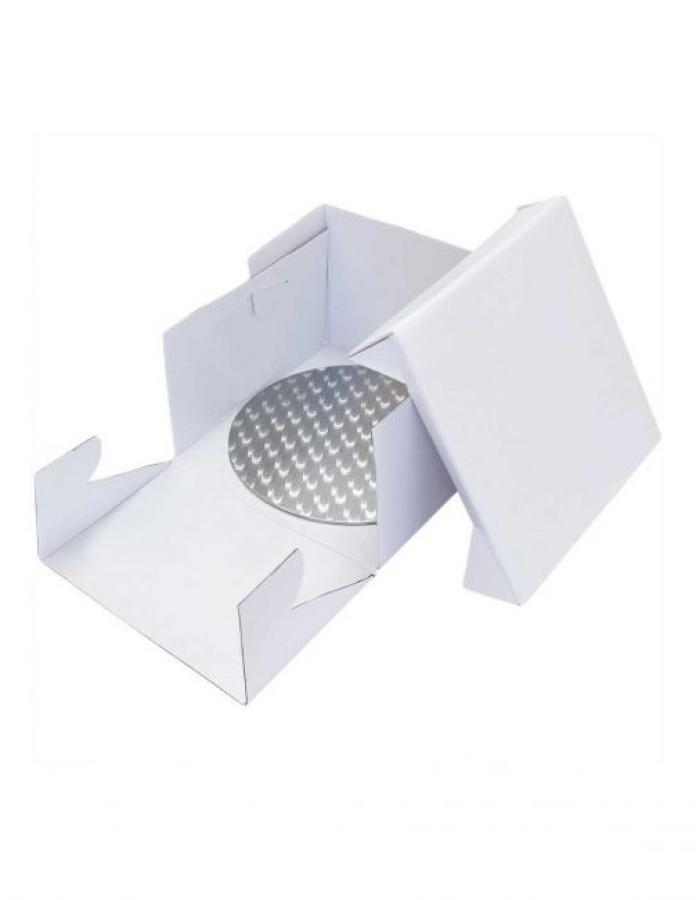 Kakkualusta hopea pyöreä  27,9 cm (1 cm paksu) + tukeva korkea kakkulaatikko
