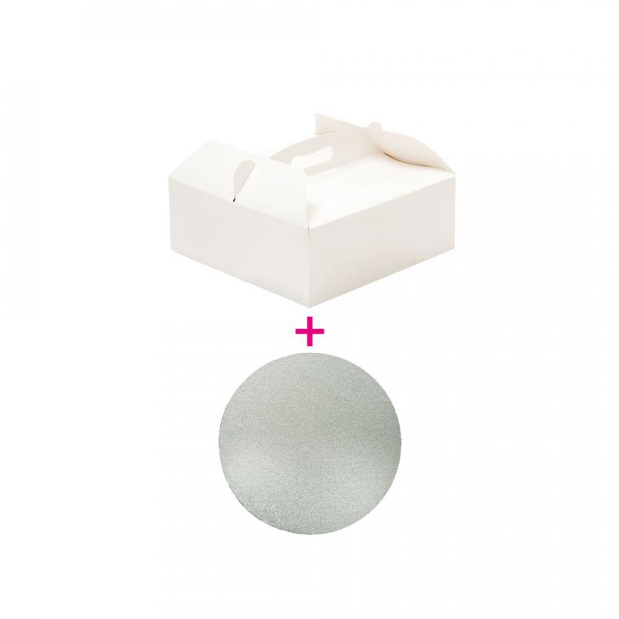 Kakkulaatikko kantokahvalla ja kakkualusta hopea pyöreä 25 cm (3 mm paksu) 