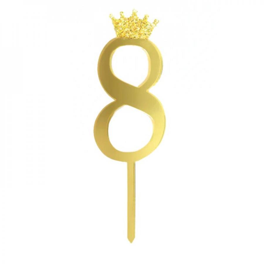 Kakunkoriste Numero 8 kullanvärinen kultaglitter-kruunulla