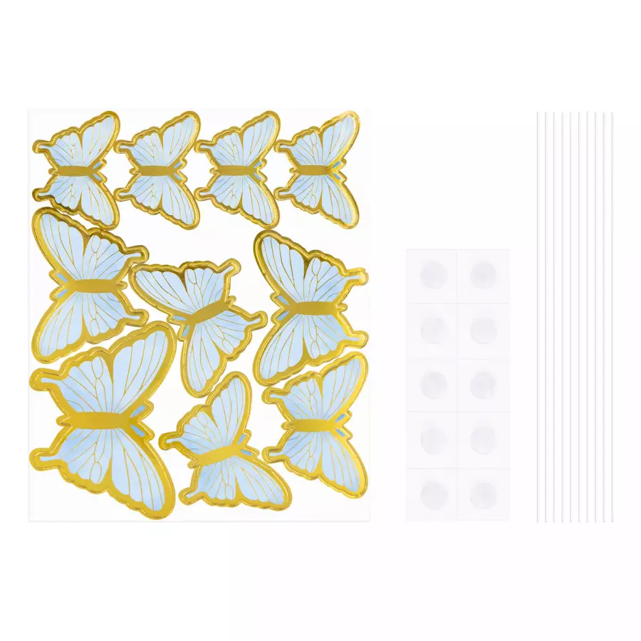 Kakunkoristeet vaaleansiniset ja kultaiset perhoset, 9 kpl