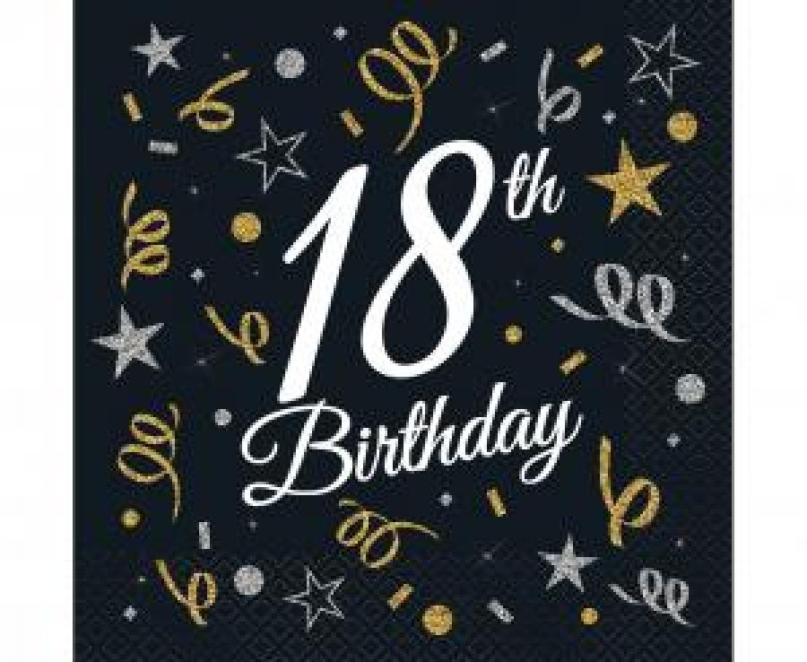 Lautasliinat "18th birthday" musta+kulta+hopea, 20 kpl