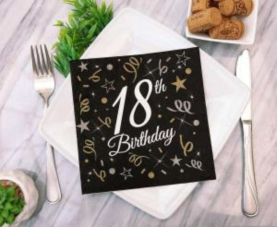 Lautasliinat "18th birthday" musta+kulta+hopea, 20 kpl