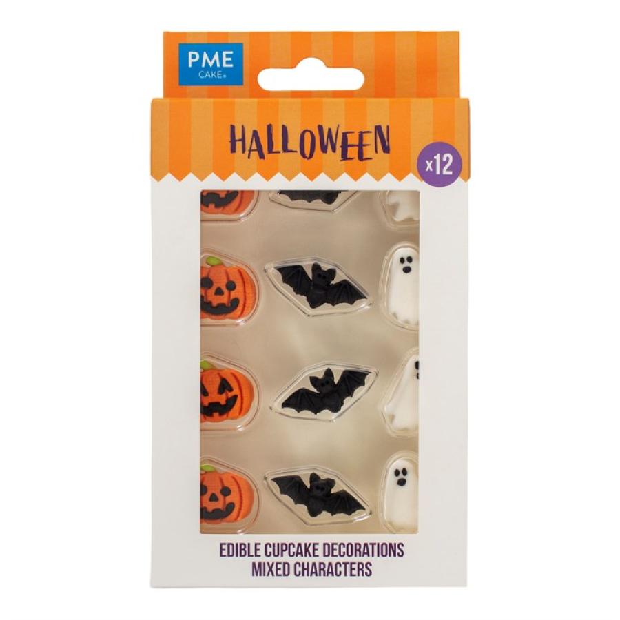Syötävät sokerikoristeet Halloween (kurpitsa, lepakko ja haamu), 12 kpl